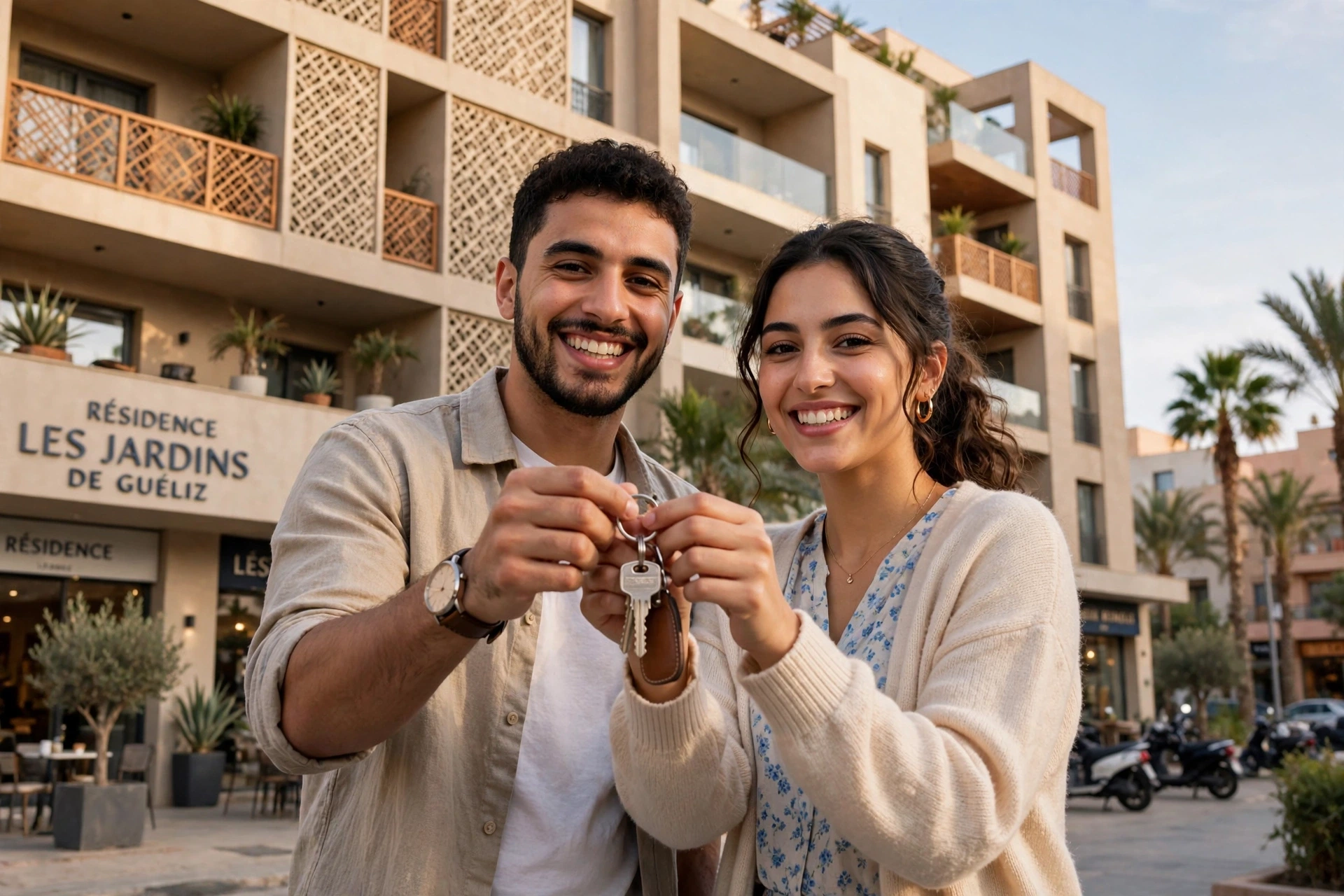 Couple primo-accédant tenant les clés de son premier appartement à Marrakech